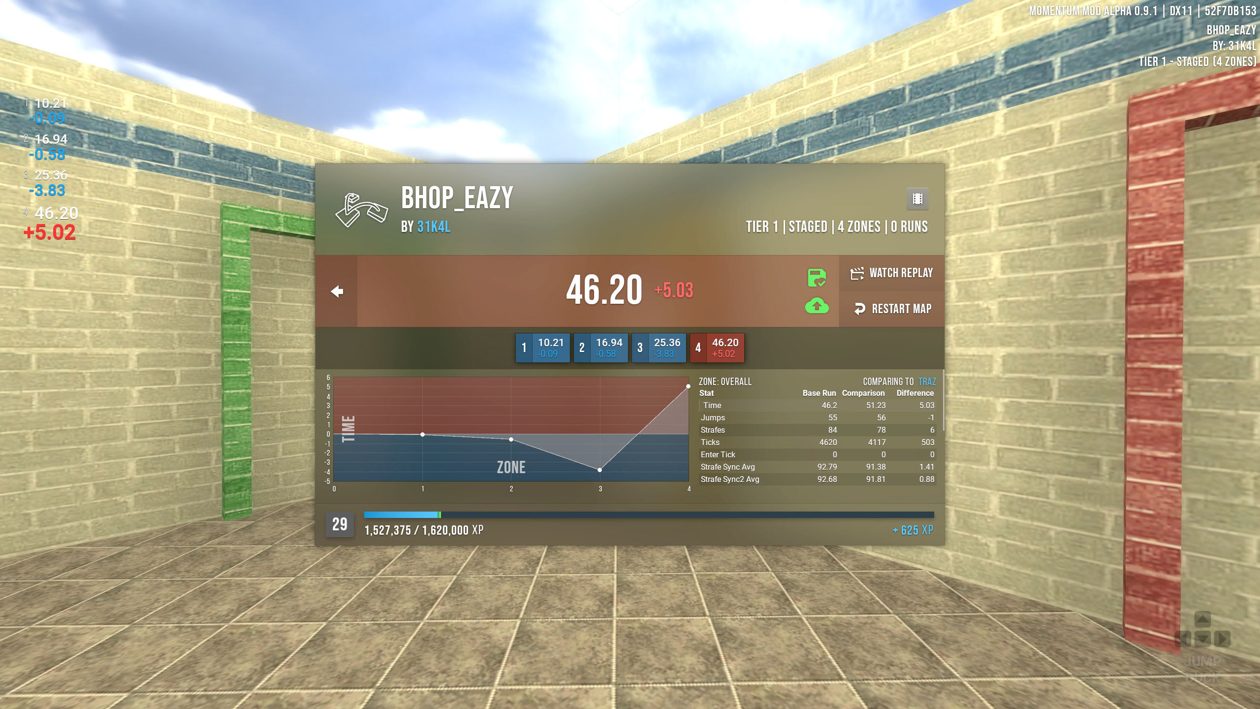 Momentum Mod's new in-game UI displaying the end of run panel